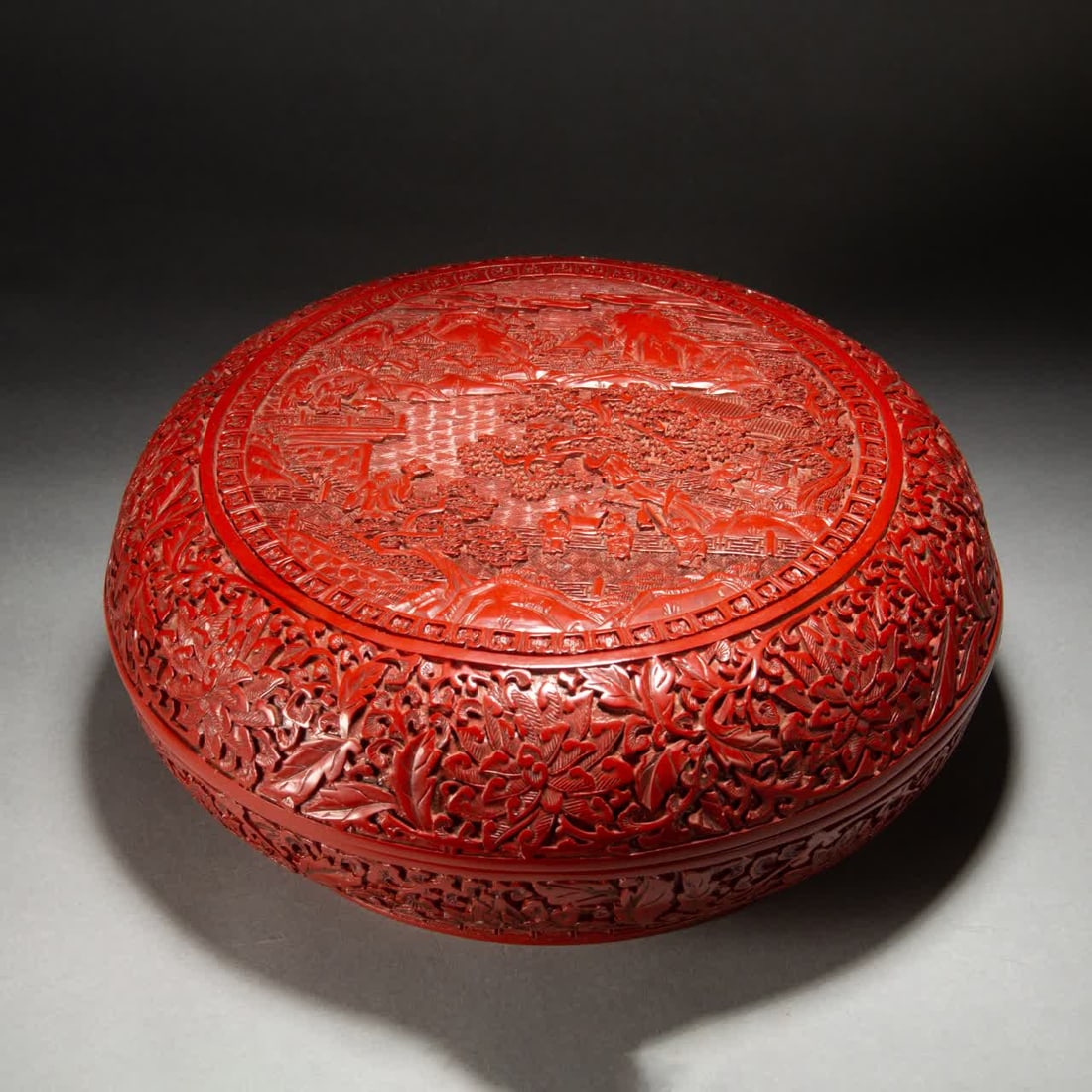 A Qing Dynasty carved red chest: A Qing dynasty carved red box holding a box SIZE: L:30cm W:30cm H:13cm W:2640g (The Dimensions Of All Batches Are Manually Measured.If You Need More Detailed Information, Please Contact Our Customer