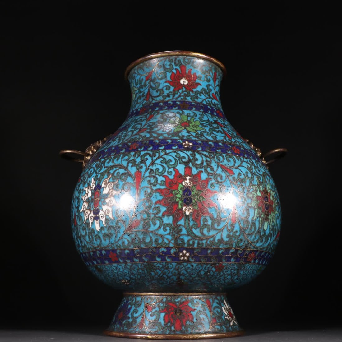A Ming Dynasty gilt bronze cloisonne beast-ear zun vessel: Ming Dynasty: Gilt bronze cloisonne beast-ear zun vessel SIZE: H:35cm W:25.4cm W:3320g (The Dimensions Of All Batches Are Manually Measured.If You Need More Detailed Information, Please Contact Our Cu