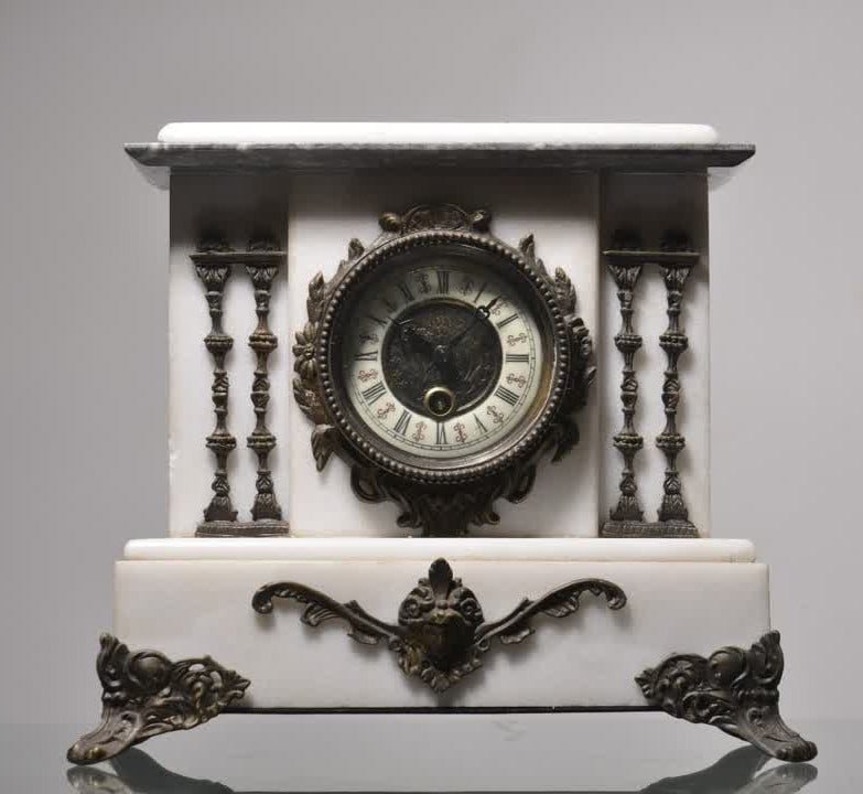 A 19th-century French bronze inlaid Carrara marble mantel clock: Nineteenth-century French bronze carrara marble mantel clock SIZE: H:26cm W:29cm (The Dimensions Of All Batches Are Manually Measured.If You Need More Detailed Information, Please Contact Our