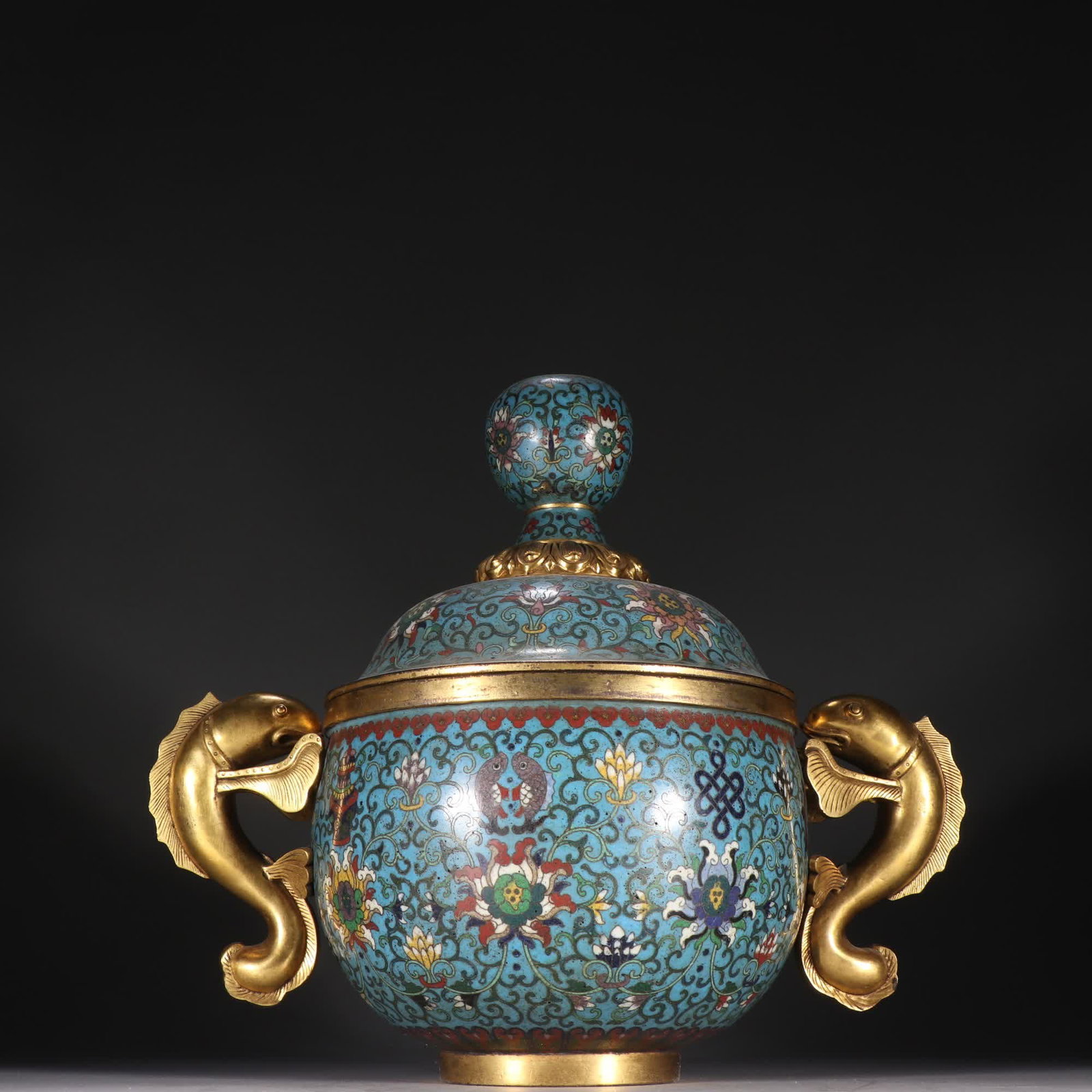 A Qing Dynasty copper gilt cloisonne incense burner with double fish handles and lotus pattern: Qing Dynasty gilt bronze cloisonne double fish handles with entwined lotus pattern incense burner SIZE: H:26cm W:30.7cm W:2756.9g (The Dimensions Of All Batches Are Manually Measured.If You Need More