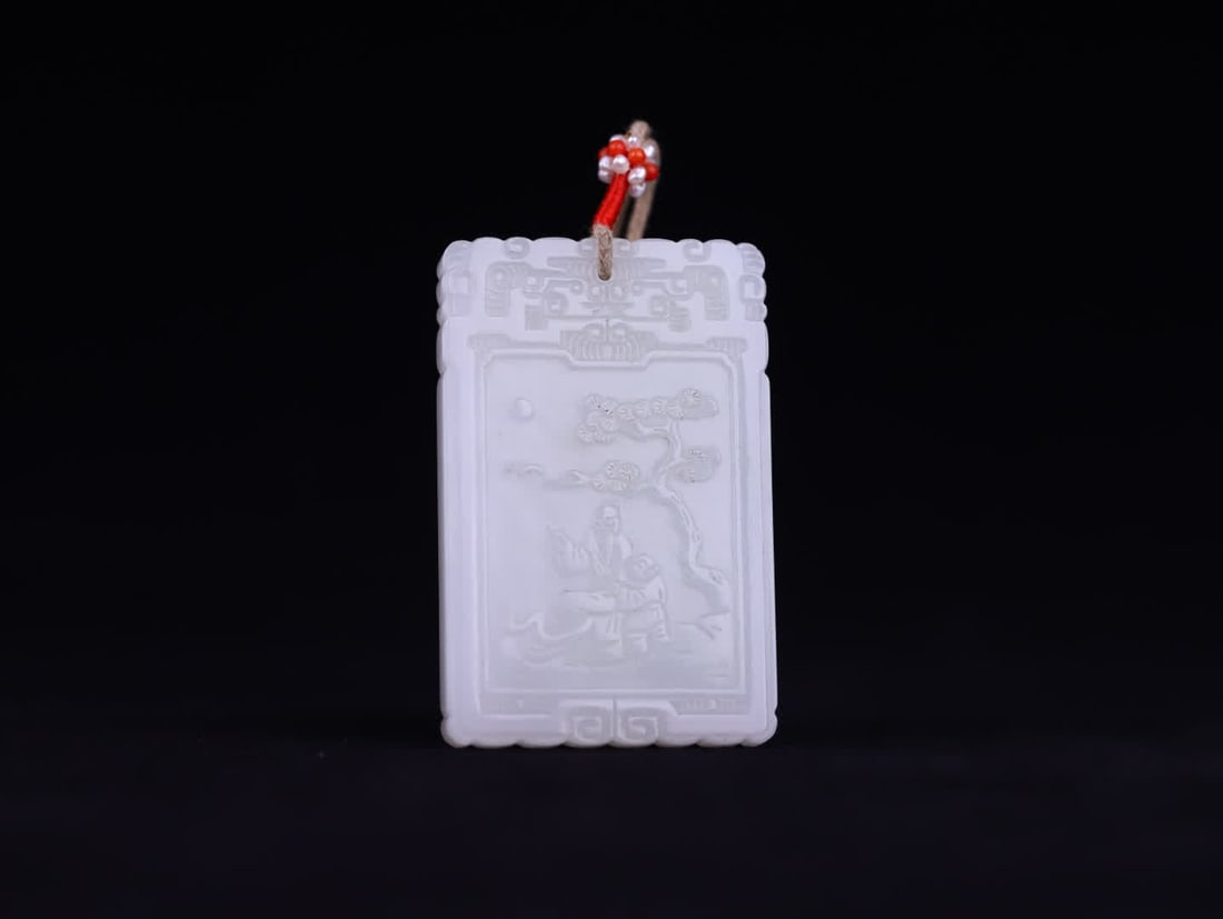 A Qing Dynasty Hetian jade pine tree poetry plaque, antique: Qing Dynasty Hetian Jade Pine Figures Poetry and Prose Plaque, Wenwan Mark: Hetian jade is fine and warm in texture, naturally patinative, with a portrait of Pine Trees carved on the front, poetry