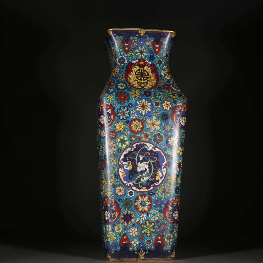A Qing Dynasty copper gilt cloisonne vase with multifloral ground patterns: Qing Dynasty copper gilt cloisonne vase with hundred-flower ground pattern SIZE: H:47cm W:17.5cm W:4890g (The Dimensions Of All Batches Are Manually Measured.If You Need More Detailed Information,