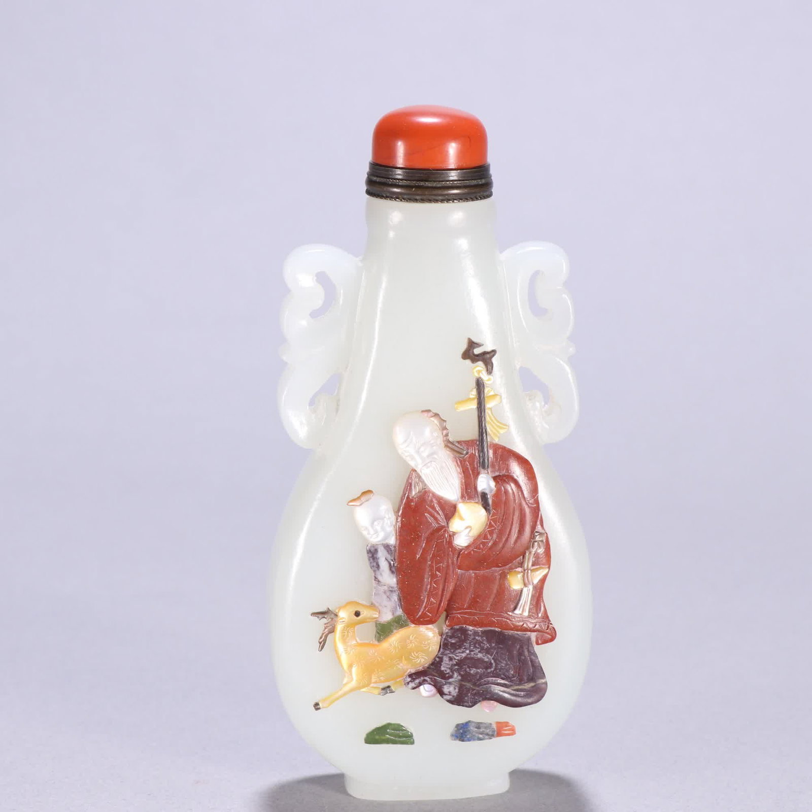 A Qing Dynasty Hetian jade inlaid treasure "Longevity Star Presents Longevity" snuff bottle: Qing Dynasty Hetian jade inlaid treasure "Longevity Star Presents Longevity" snuff bottle SIZE: H:10.4cm W:4.4cm W:144.5g (The Dimensions Of All Batches Are Manually Measured.If You Need More