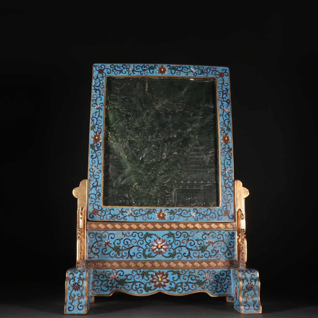 A Qing Dynasty bronze-inlaid cloisonne inlaid with jade, landscape, and poetry screen: Qing Dynasty copper-inlaid cloisonne inlaid with jade-green landscape poetry and prose insert screen SIZE: H:39.2cm W:27.7cm W:4.2kg (The Dimensions Of All Batches Are Manually Measured.If You Need Mo