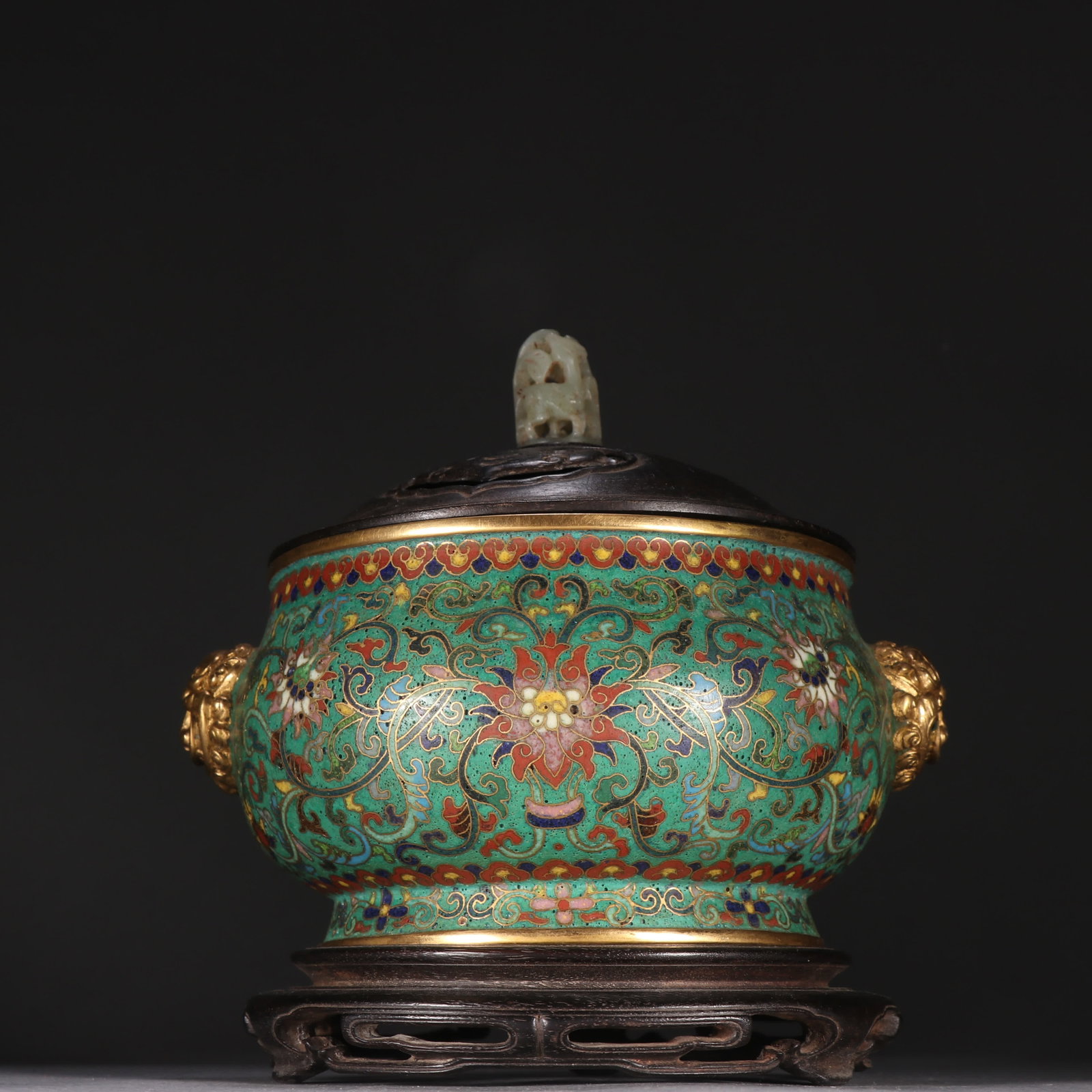 A Qing Dynasty copper gilt cloisonne with twin lion-ear incense burners featuring lotus branch: Qing Dynasty Gilt cloisonne Twin Lion-Ear Incense Burner with Twin Lion Ears and Lotus Pattern SIZE: H:15cm W:14.3cm W:830g (The Dimensions Of All Batches Are Manually Measured.If You Need More Detail