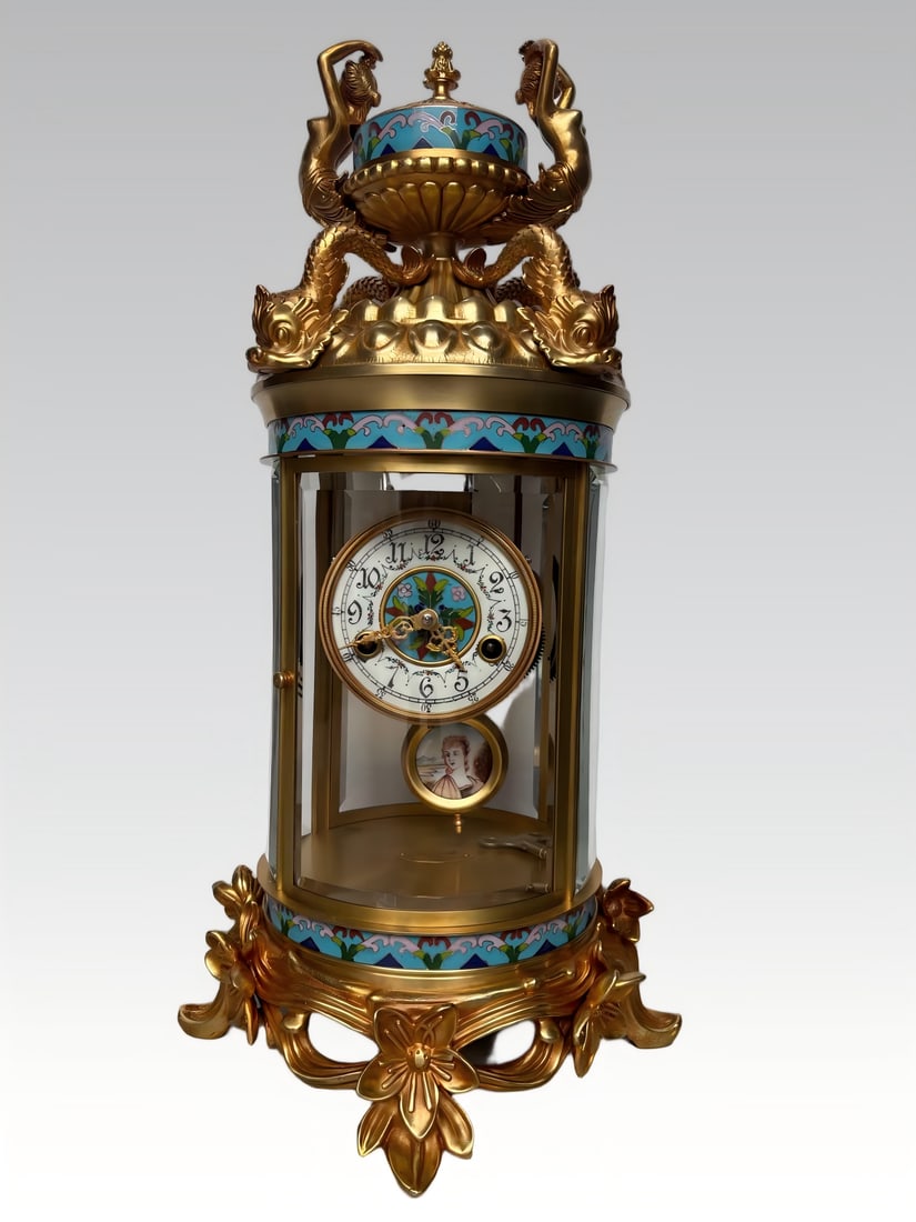A late Qing dynasty bronze gilded enamel painted 'Beauty Round Pavilion Bell.' (1 of 9)