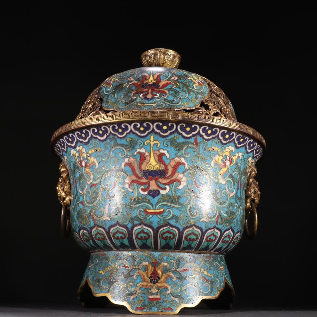 A Qing Dynasty copper gilt cloisonne entwined lotus with animal head and ear incense burners: Qing Dynasty gilt bronze cloisonne entwined lotus beast-head ear incense burner SIZE: H:31cm W:25.7cm W:3140g (The Dimensions Of All Batches Are Manually Measured.If You Need More Detailed Information