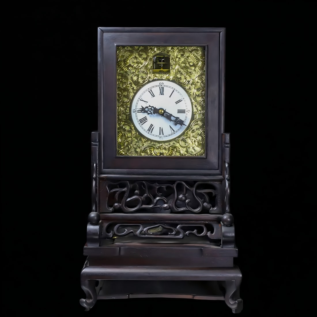 A small Su clock from late Qing dynasty rosewood with a gilded tray drawer for window opening: Late Qing rosewood gold-plated tray drawer with open window small Su bell SIZE: L:20.5cm W:20cm H:37cm (The Dimensions Of All Batches Are Manually Measured.If You Need More Detailed Information,