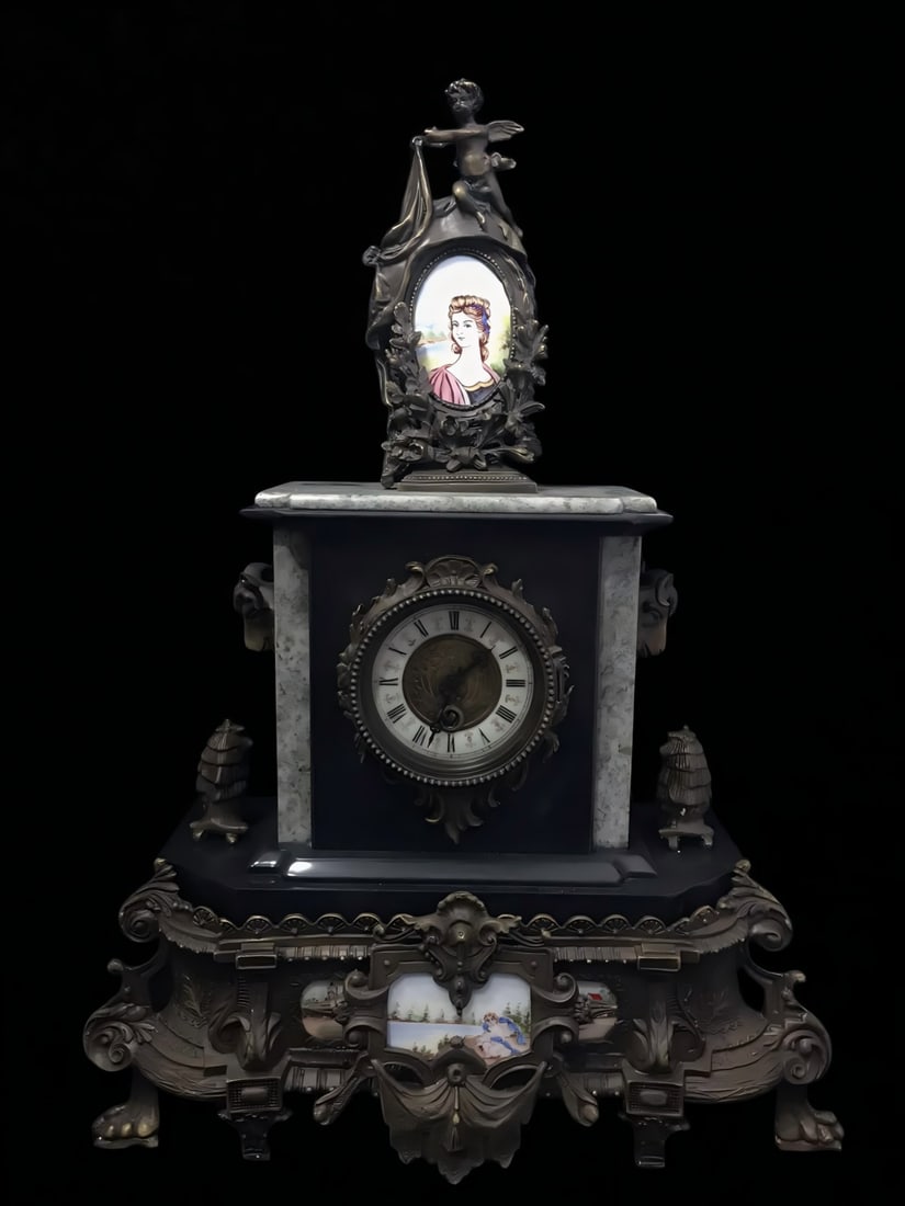 A late Qing European Rococo-style copper-bodied marble porcelain-painted table clock: A late Qing European-style Rococo-style bronze-bodied marble porcelain-painted table clock SIZE: L:38cm H:56cm (The Dimensions Of All Batches Are Manually Measured.If You Need More Detailed