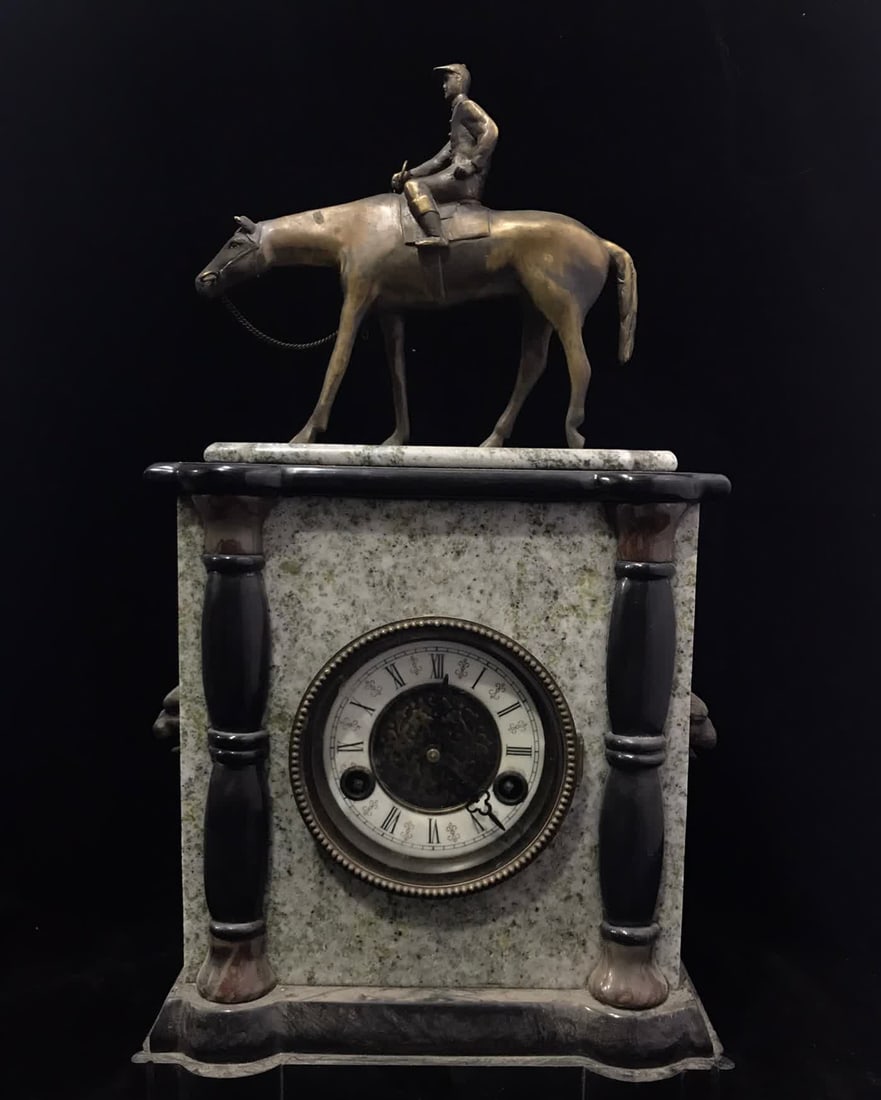 A late Qing dynasty marble bronze knight's table clock: Late Qing Dynasty marble bronze knight's hand clock SIZE: L:53cm H:26cm (The Dimensions Of All Batches Are Manually Measured.If You Need More Detailed Information, Please Contact Our Customer Service