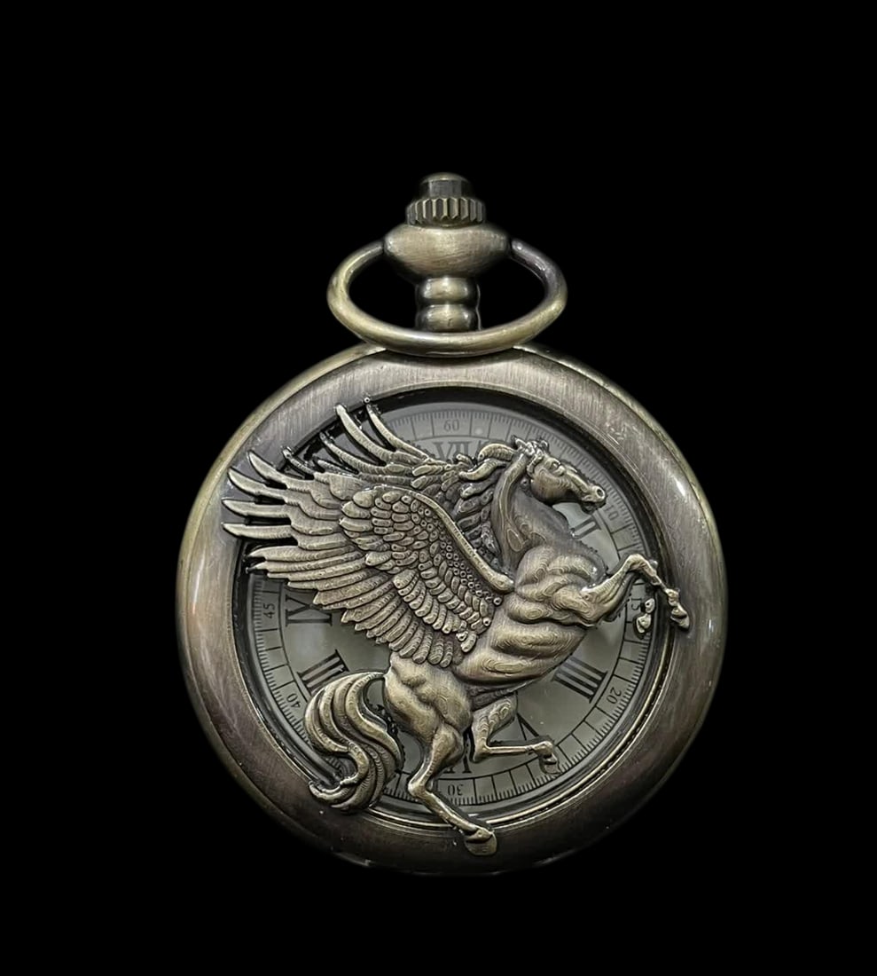 A late Qing dynasty relief pocket watch carved with two horse openings: Late Qing dynasty relief carved horse pair opens pocket watch SIZE: D:45mm (The Dimensions Of All Batches Are Manually Measured.If You Need More Detailed Information, Please Contact Our Customer