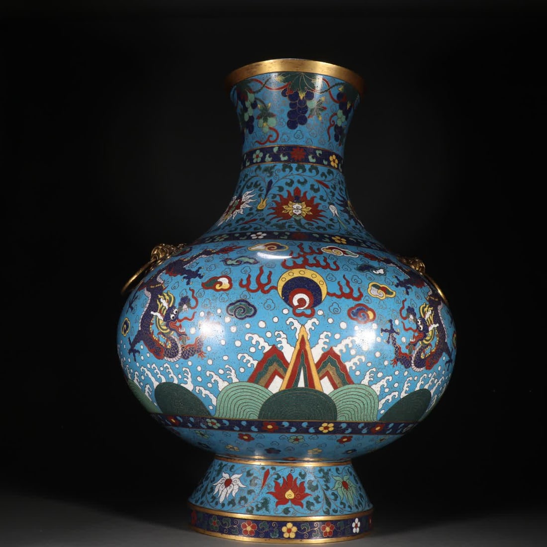 One piece: a gilt copper cloisonne dragon pattern double ear ring vase: Copper gilt cloisonne dragon pattern double-handled ring-holding vase SIZE: H:55cm W:40cm W:9.3kg (The Dimensions Of All Batches Are Manually Measured.If You Need More Detailed Information, Please Con