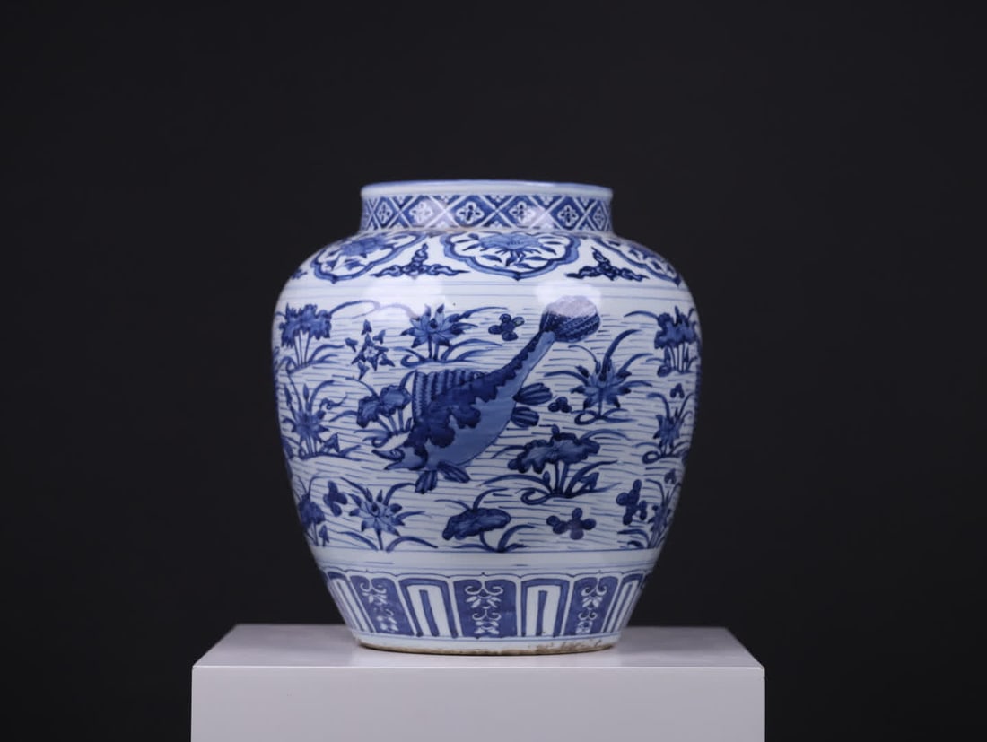 A large Ming dynasty jar with blue-and-white fish and algae patterns - 2