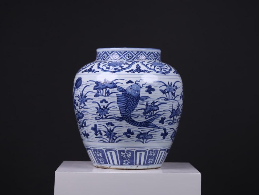 A large Ming dynasty jar with blue-and-white fish and algae patterns - 3