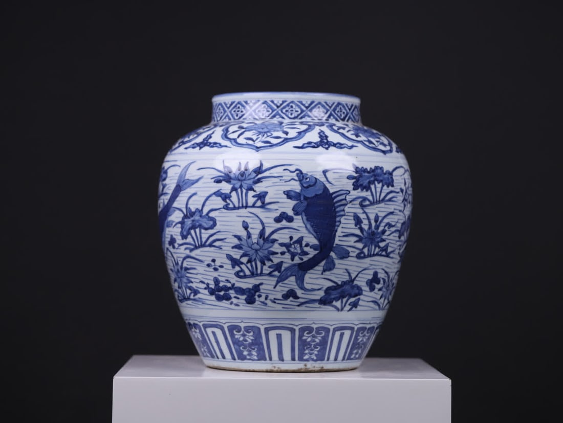 A large Ming dynasty jar with blue-and-white fish and algae patterns - 4
