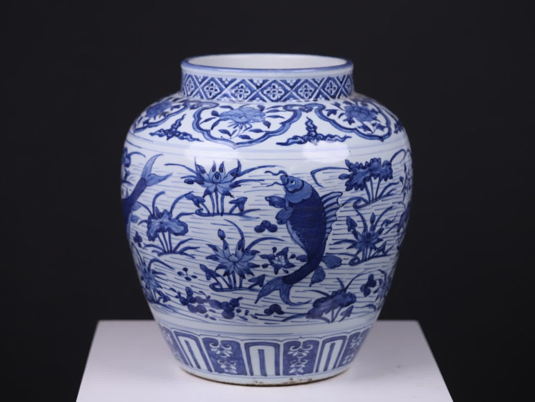 A large Ming dynasty jar with blue-and-white fish and algae patterns - 5