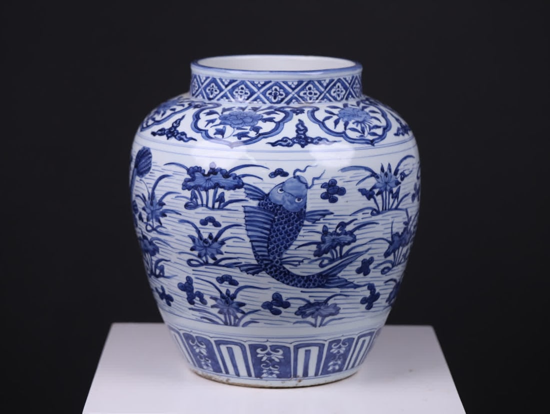 A large Ming dynasty jar with blue-and-white fish and algae patterns - 7
