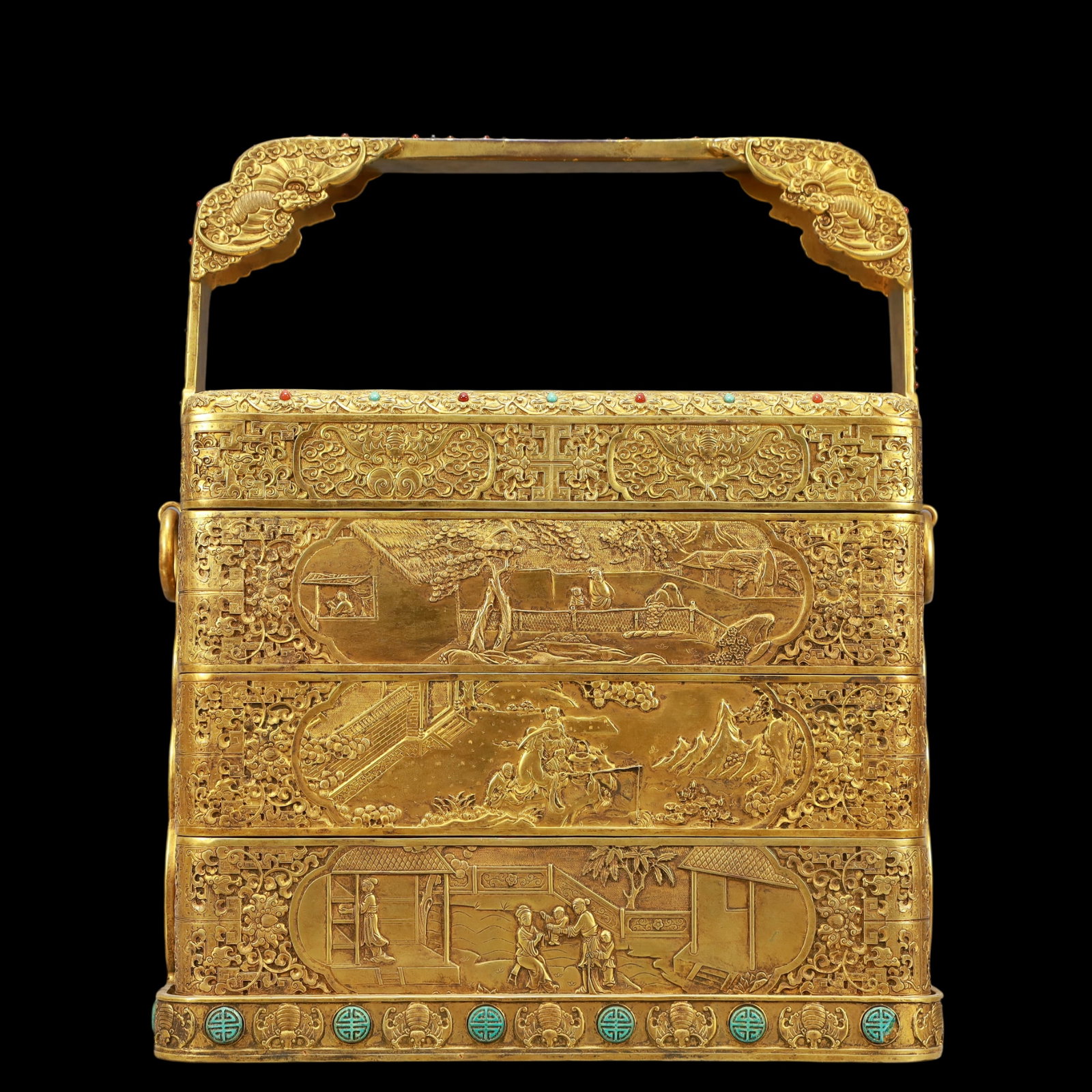 A Exquisite Gilt Bronze Inlaid Gems Bats and Peach Pattern Lotus Pattern Character and Story Pattern: A Exquisite Gilt Bronze Inlaid Gems Bats and Peach Pattern Lotus Pattern Character and Story Pattern Box Qing Dynasty, China Qianlong Four-character Mark Size:30cmx21cmx36cm Weight:13500g (The
