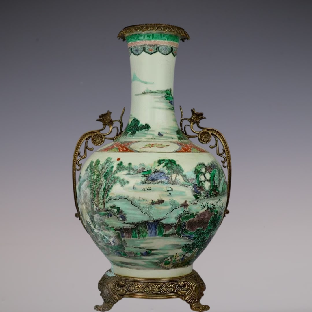 An Exquisite Wucai Inlaid Bronze Landscape and Figure Pattern Double-Ears Vase: An Exquisite Wucai Inlaid Bronze Landscape and Figure Pattern Double-Ears Vase Qing Dynasty, China Kangxi Six-character Mark Size:52cmx31cm (The Dimensions Of All Batches Are Manually Measured.If You 