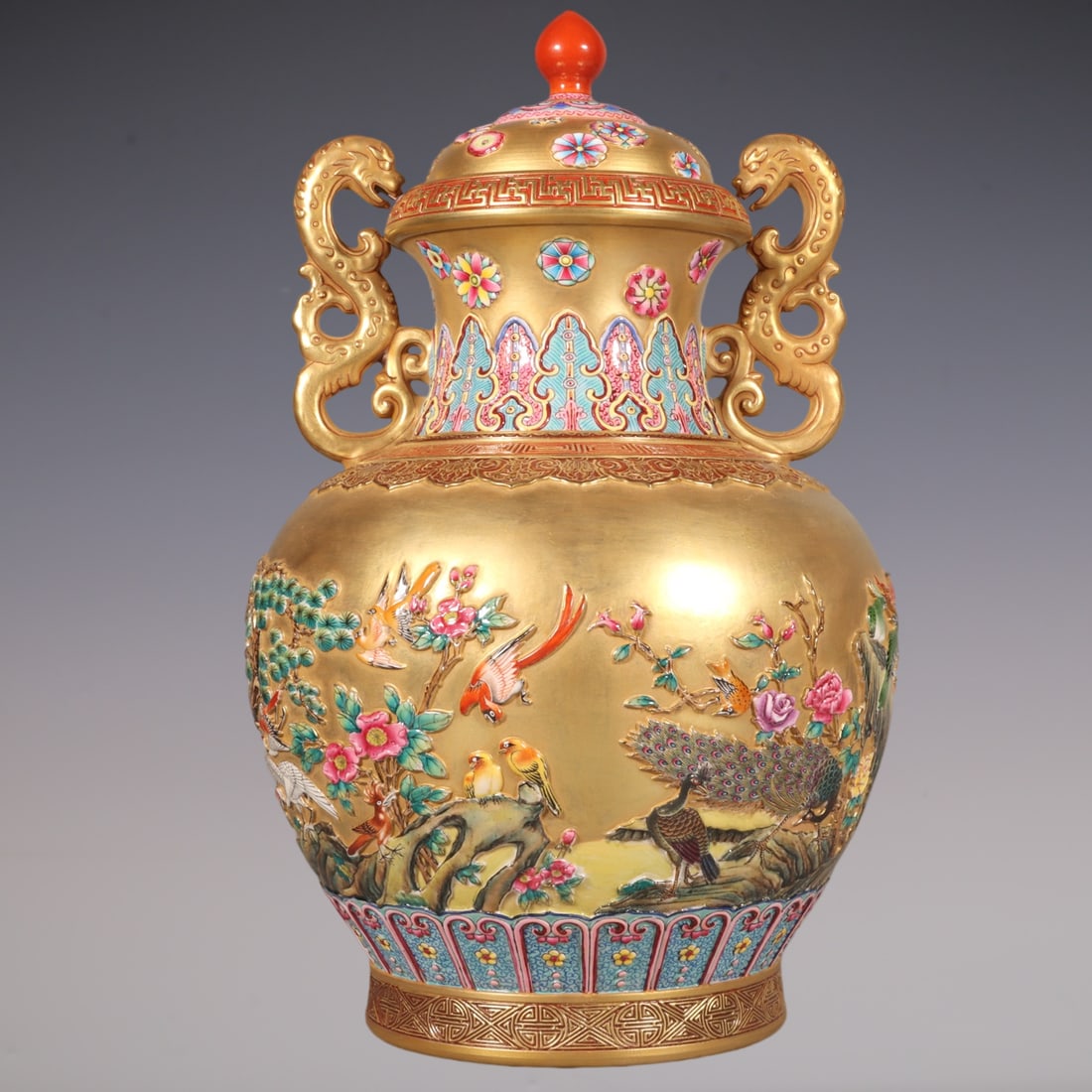 An Exquisite Enamel Flower and Bird Pattern Double-Ears Jar - 6