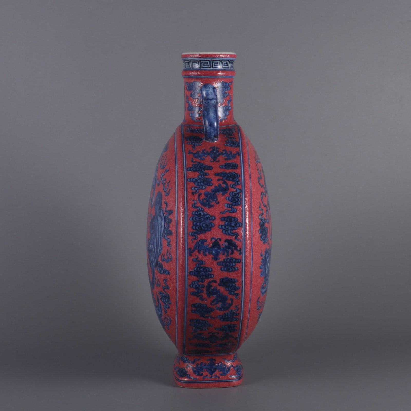 An Exquisite Blue and White Ruby Red-Glazed Lion Pattern Bats and Peach Pattern Double-Ears Vase - 2