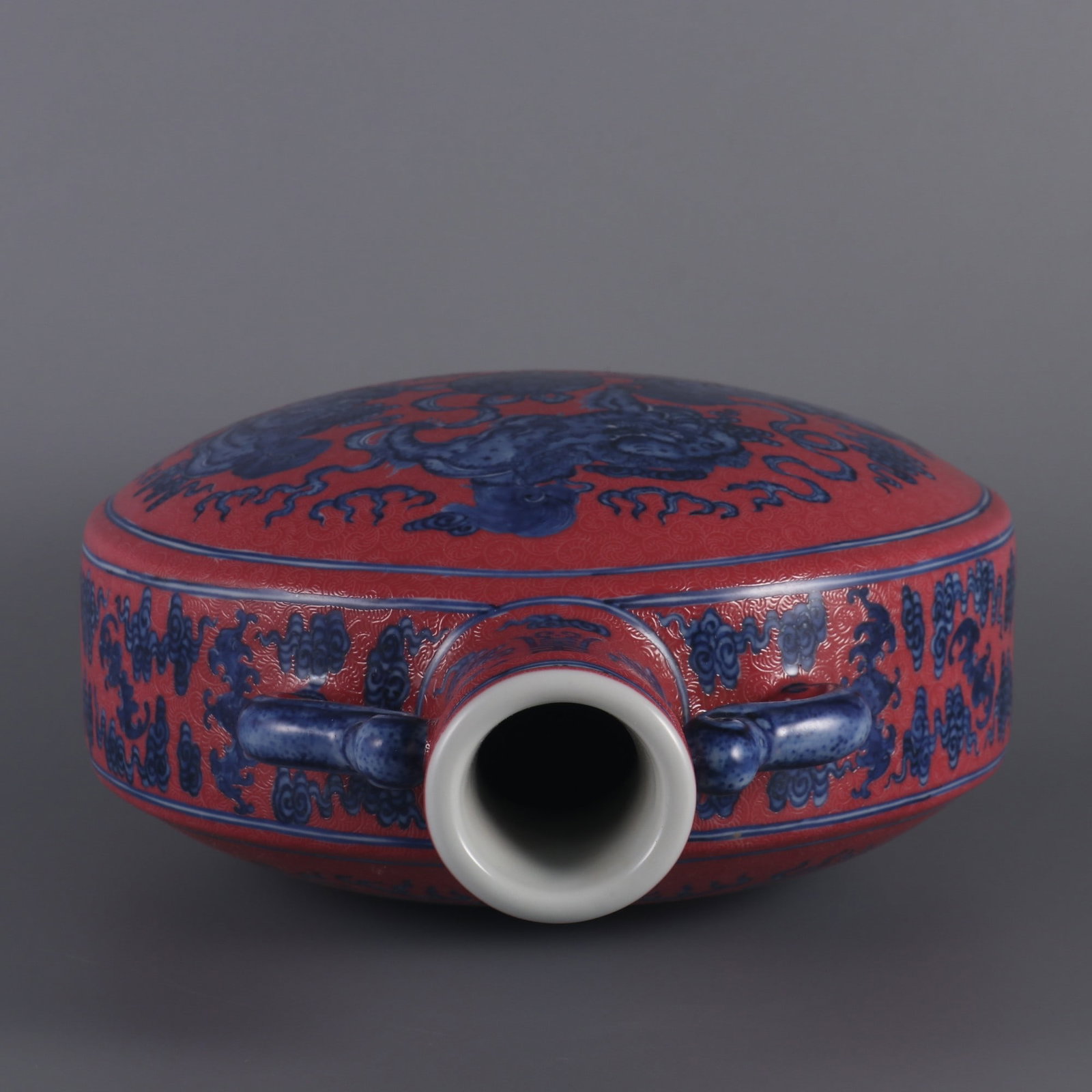 An Exquisite Blue and White Ruby Red-Glazed Lion Pattern Bats and Peach Pattern Double-Ears Vase - 8