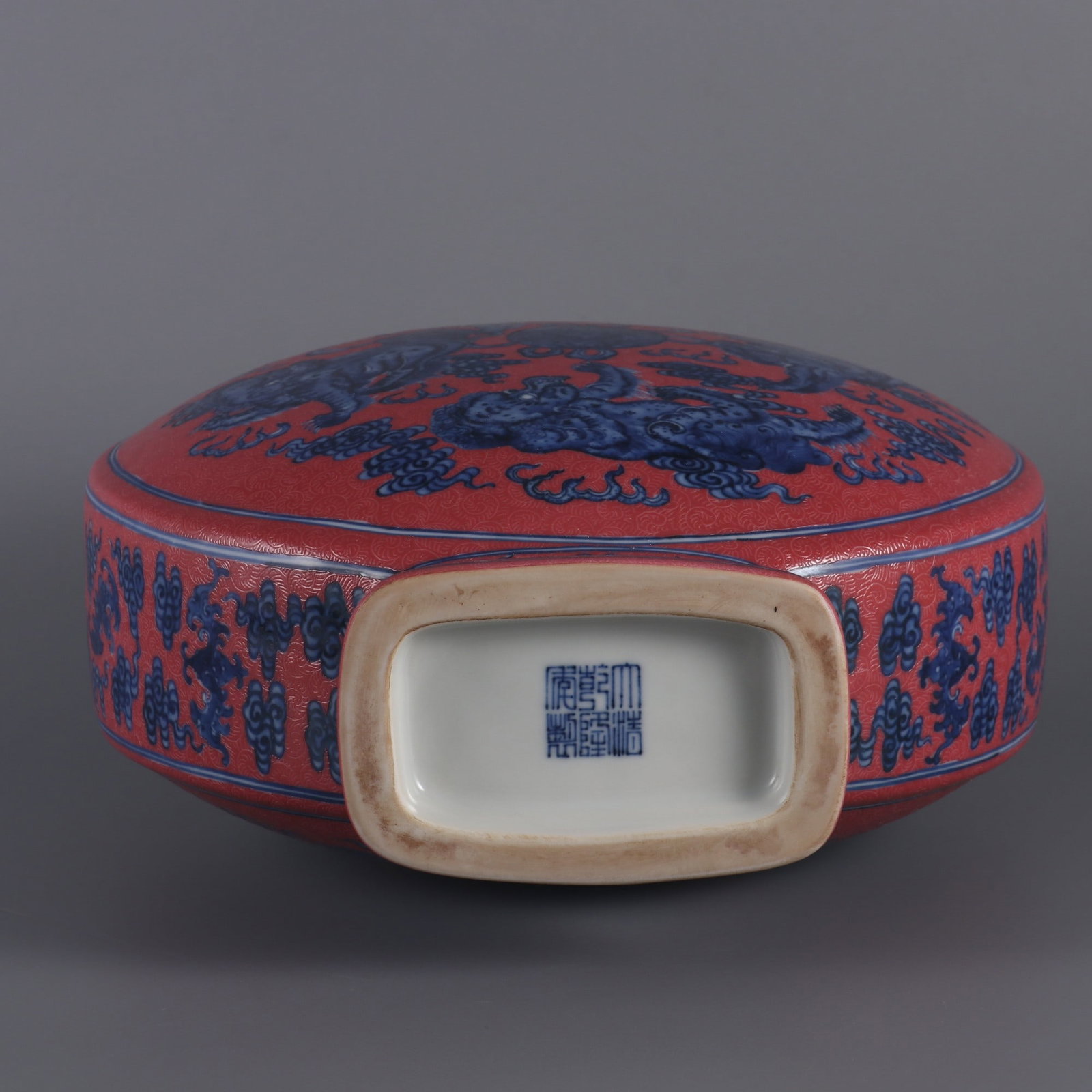 An Exquisite Blue and White Ruby Red-Glazed Lion Pattern Bats and Peach Pattern Double-Ears Vase - 9