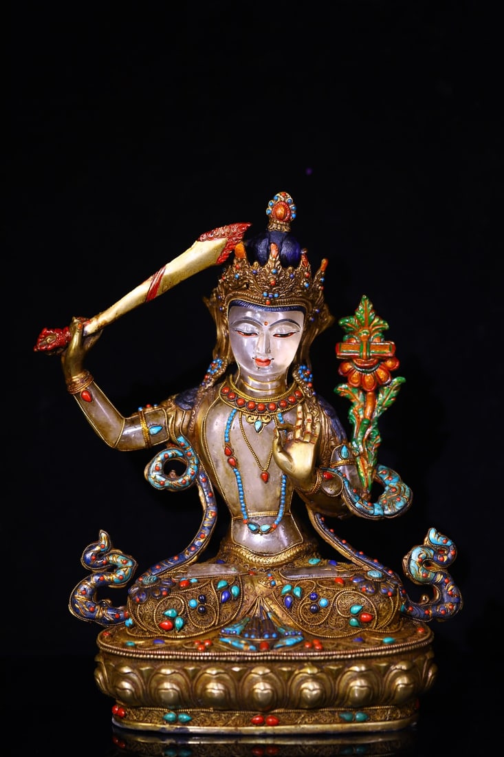 An Exquisite Crystal Inlaid Gilt Bronze Inlaid Gems Statue of Manjusri (1 of 9)