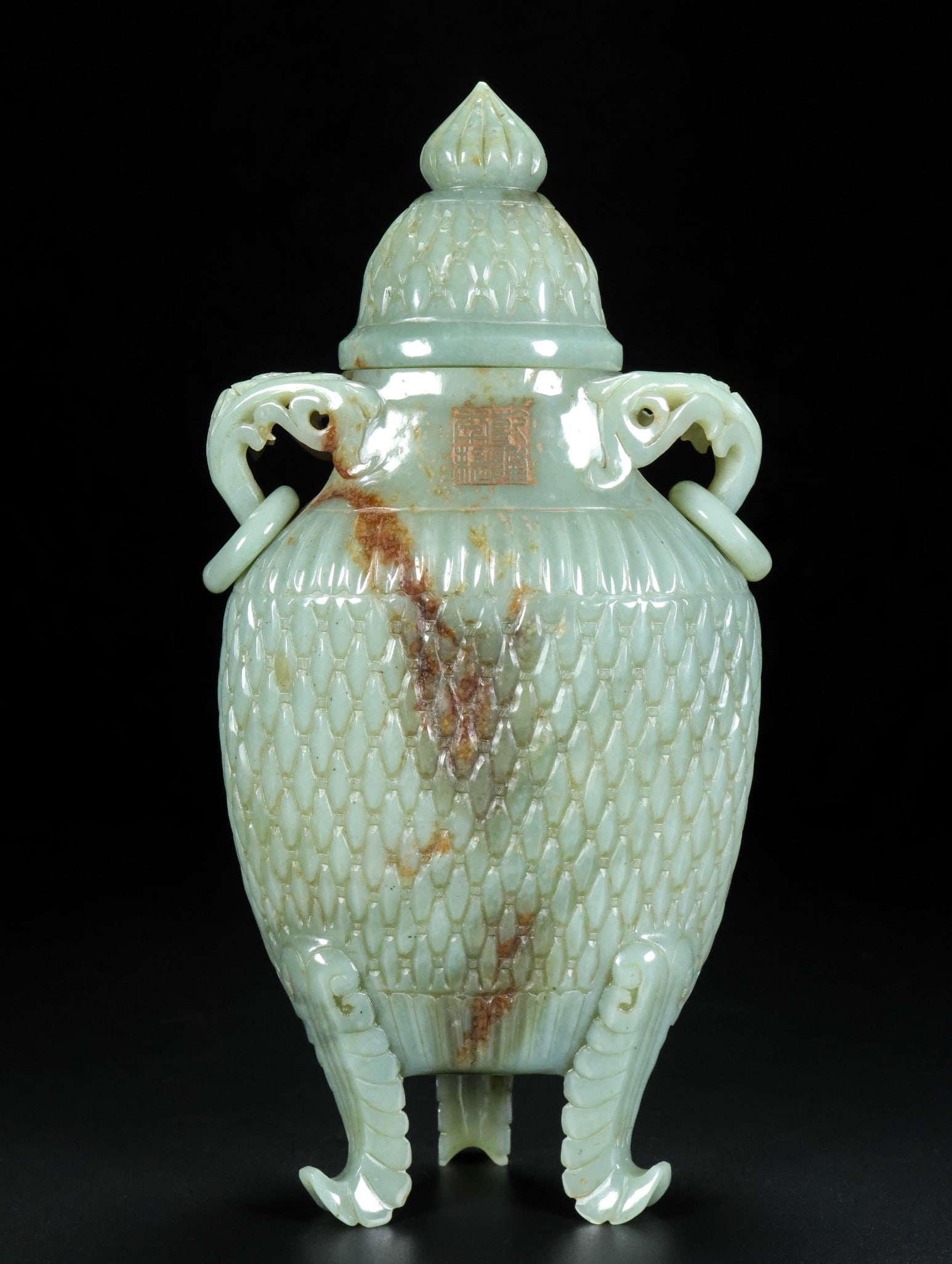 An Exquisite White Jade Double-Ears and Tripod Vase: An Exquisite White Jade Double-Ears and Tripod Vase Qing Dynasty, China Qianlong Four-character Mark Size:23cmx13cmx7cm Weight:617g (The Dimensions Of All Batches Are Manually Measured.If You Need