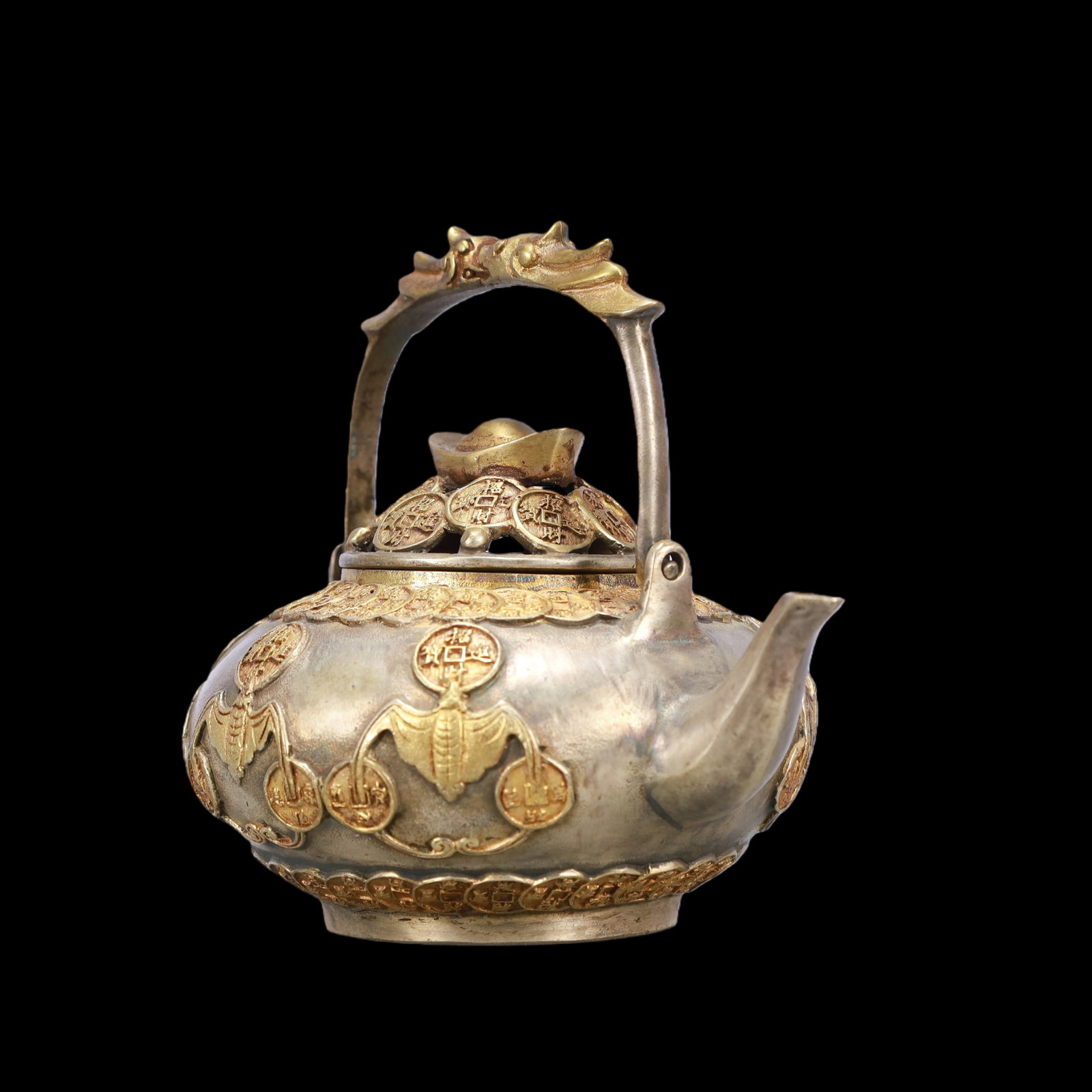 A Exquisite Gilt Silver Bats and Peach Pattern Teapot - 4