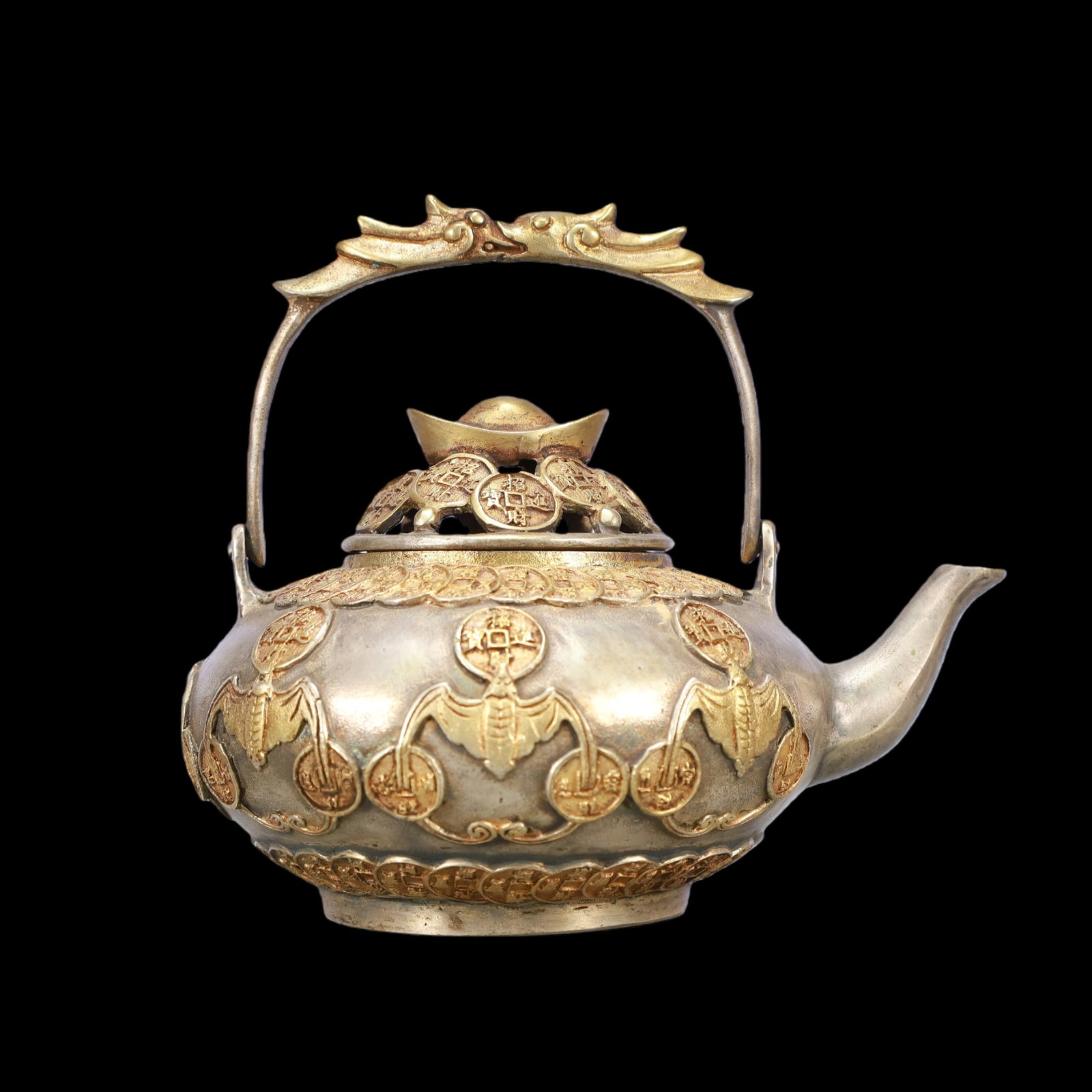 A Exquisite Gilt Silver Bats and Peach Pattern Teapot - 5