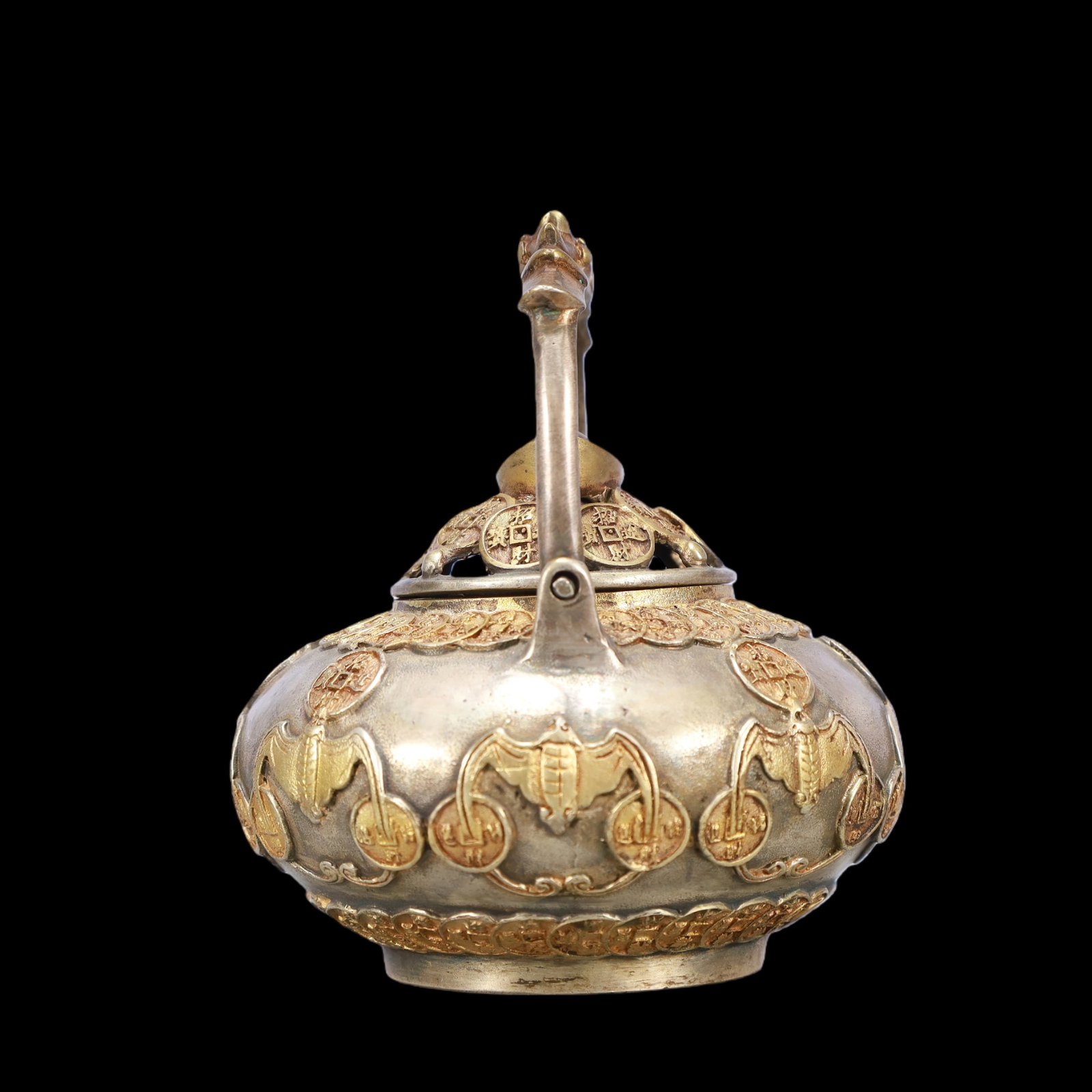 A Exquisite Gilt Silver Bats and Peach Pattern Teapot - 6