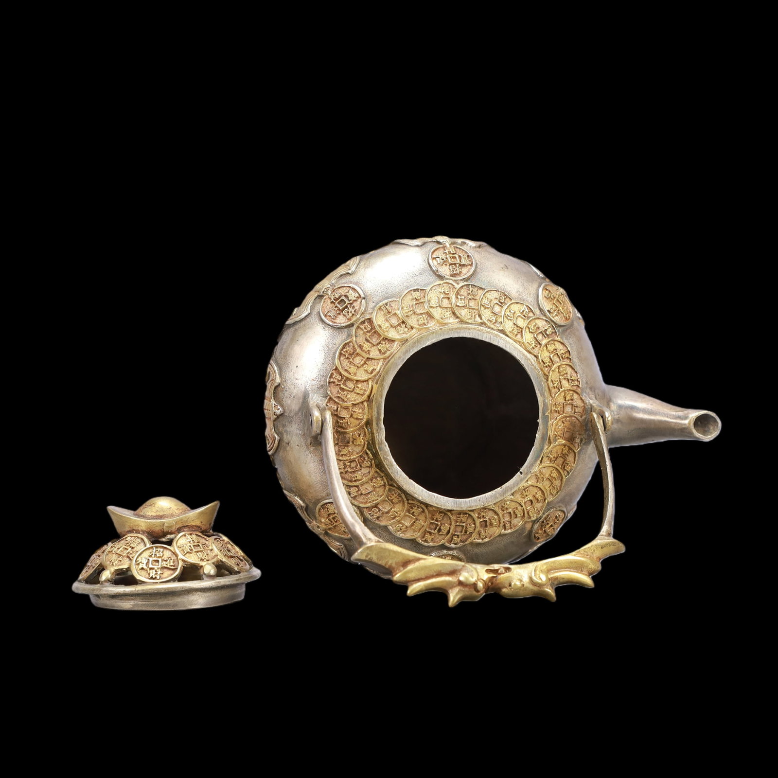 A Exquisite Gilt Silver Bats and Peach Pattern Teapot - 7
