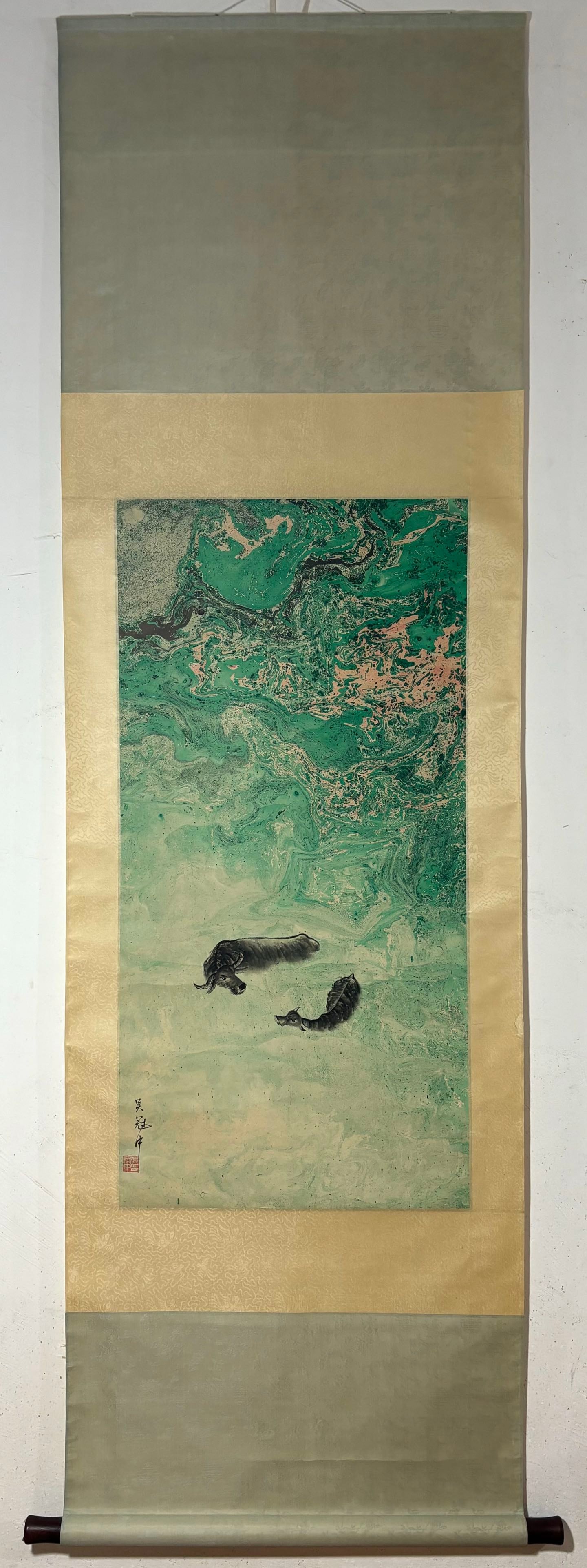 A Chinese Vertical Scroll Ink Painting of Buffalo on Paper: A Chinese Vertical Scroll Ink Painting of Buffalo on Paper Wu guanzhong Without frame Size:98.5cmx48.5cm (The Dimensions Of All Batches Are Manually Measured.If You Need More Detailed Information,