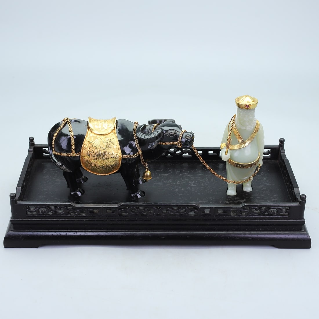A Set of Fine White Jade Inlaid Gilt Bronze Figure Jasper Inlaid Gilt Bronze Buffalo Ornament (1 of 10)