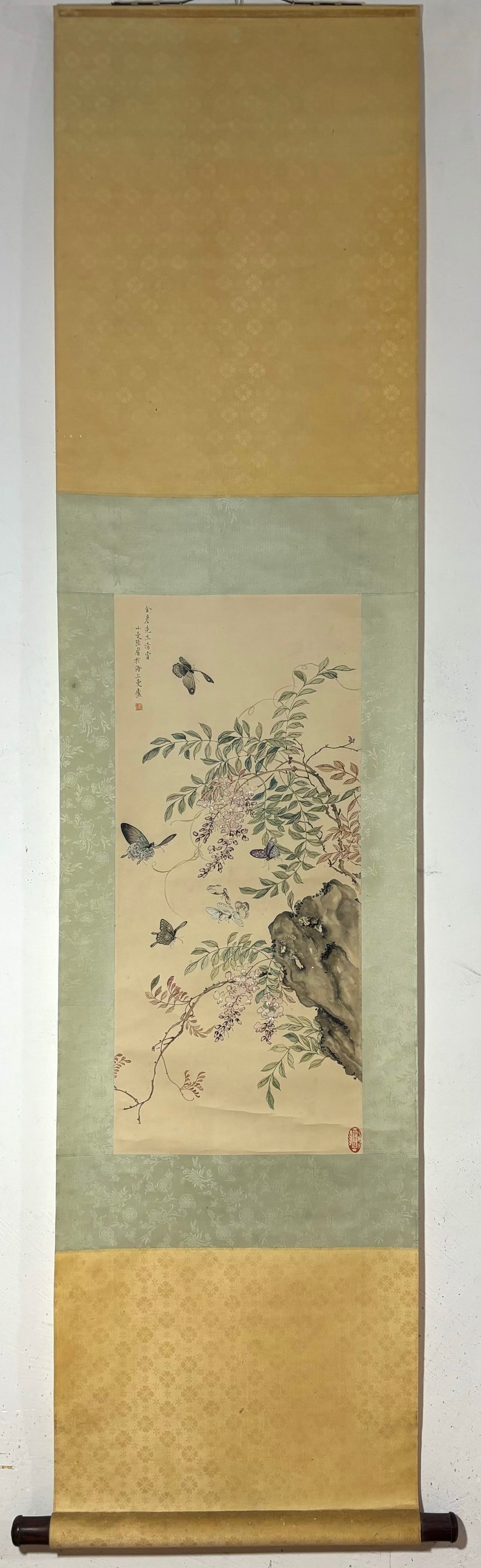 A Chinese Vertical Scroll Ink Painting of Flower and Butterfly on Paper: A Chinese Vertical Scroll Ink Painting of Flower and Butterfly on Paper Lu xiaoman Without frame Size:73cmx32cm (The Dimensions Of All Batches Are Manually Measured.If You Need More Detailed Informati
