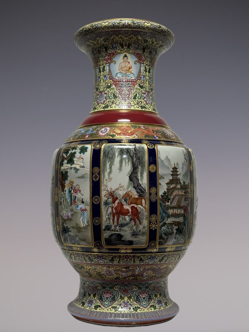 An Exquisite Enamel Painted Gold Lotus Pattern Character and Story Pattern Vase: An Exquisite Enamel Painted Gold Lotus Pattern Character and Story Pattern Vase Qing Dynasty, China Qianlong Four-character Mark Size:84cmx46cm (The Dimensions Of All Batches Are Manually Measured.If 