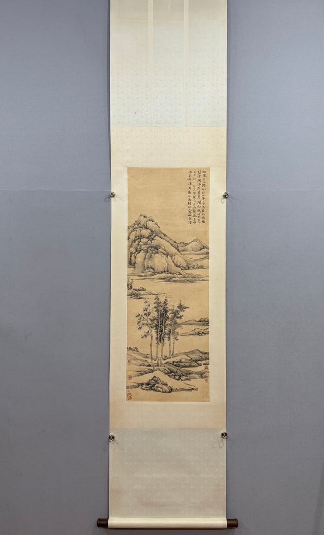 A Chinese Vertical Scroll Ink Painting of Landscape on Silk: A Chinese Vertical Scroll Ink Painting of Landscape on Silk Ni zan Without frame Size:37cmx105cm (The Dimensions Of All Batches Are Manually Measured.If You Need More Detailed Information, Please Cont