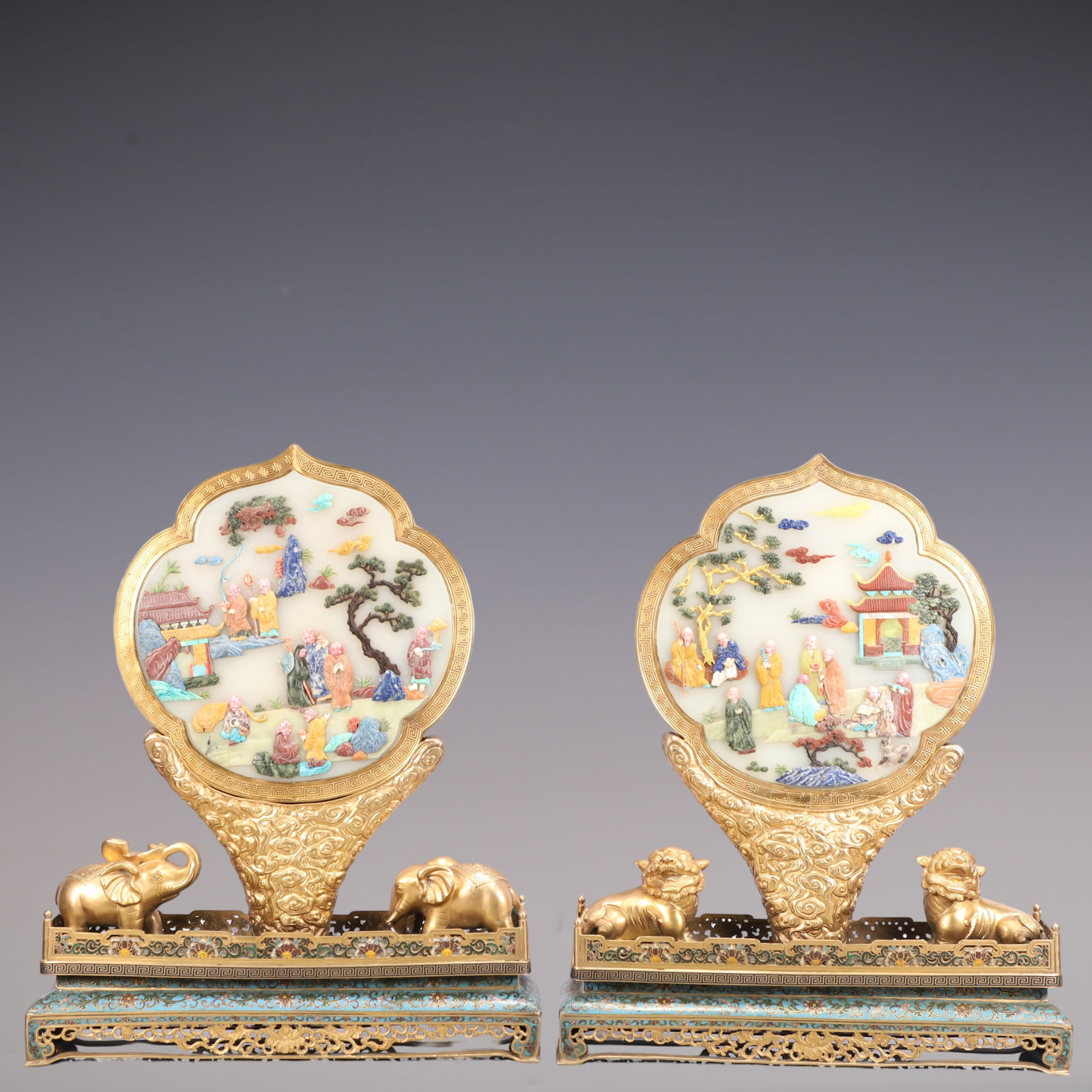 A Exquisite A pair of Cloisonne Lotus Pattern Inlaid Gems Character and Story Pattern with poem: A Exquisite A pair of Cloisonne Lotus Pattern Inlaid Gems Character and Story Pattern with poem Screen Ornament Qing Dynasty, China Qianlong Four-character Mark Size:47cmx11cmx56cm Weight:16700g (The