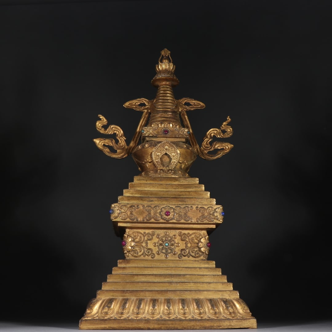 An Exquisite Gilt Bronze Inlaid Gems Pagoda: An Exquisite Gilt Bronze Inlaid Gems Pagoda Qing Dynasty, China Size:40.2cmx20.5cm Weight:6.3kg (The Dimensions Of All Batches Are Manually Measured.If You Need More Detailed Information, Please Conta