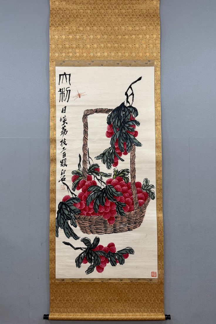 A Chinese Vertical Scroll Ink Painting of Flower and Fruit on Paper: A Chinese Vertical Scroll Ink Painting of Flower and Fruit on Paper Qi baishi Without frame Size:62cmx130cm (The Dimensions Of All Batches Are Manually Measured.If You Need More Detailed Information, 