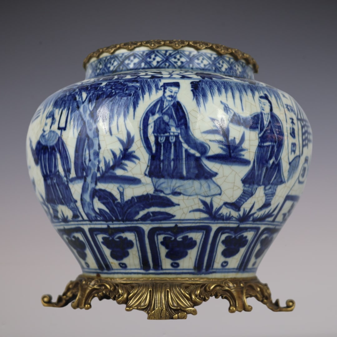 An Exquisite Blue and White Underglaze-Red Inlaid Bronze Character and Story Pattern Jar: An Exquisite Blue and White Underglaze-Red Inlaid Bronze Character and Story Pattern Jar Yuan Dynasty, China Size:33cmx30cm (The Dimensions Of All Batches Are Manually Measured.If You Need More
