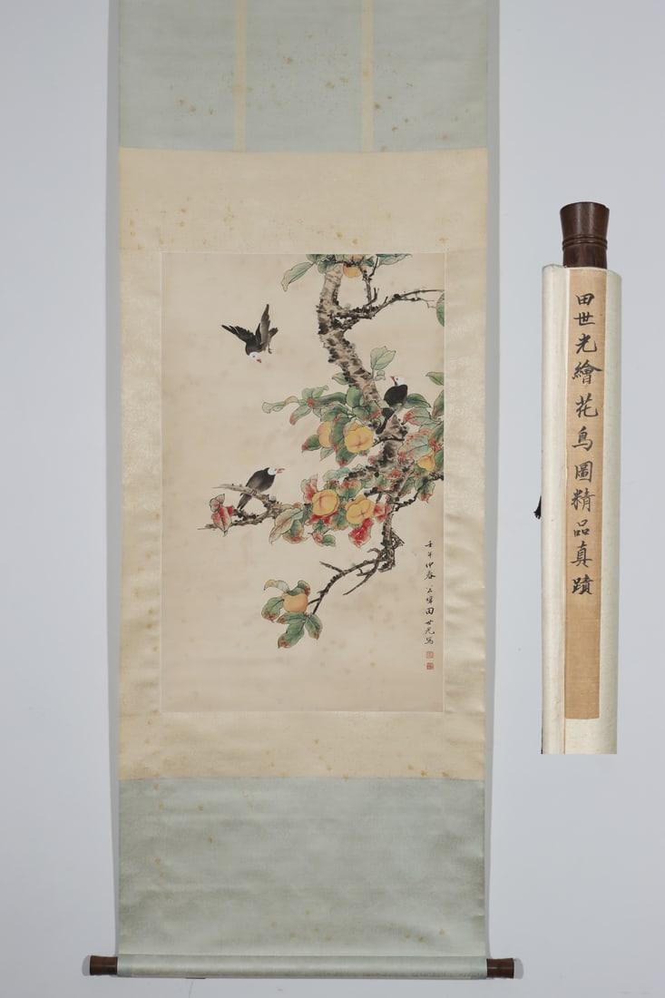 A Chinese Vertical Scroll Ink Painting of Flower and Bird on Paper: A Chinese Vertical Scroll Ink Painting of Flower and Bird on Paper Tian shiguang Without frame Size:80.5cmx50cm (The Dimensions Of All Batches Are Manually Measured.If You Need More Detailed