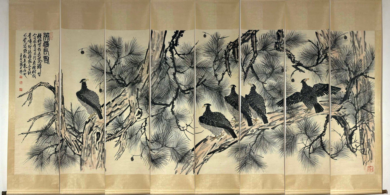 A Chinese Vertical Scroll Ink Painting of Eagle on Paper: A Chinese Vertical Scroll Ink Painting of Eagle on Paper Qi baishi entirety Size:192cmx51cm Without frame Size:143.5cmx44cm (The Dimensions Of All Batches Are Manually Measured.If You Need More