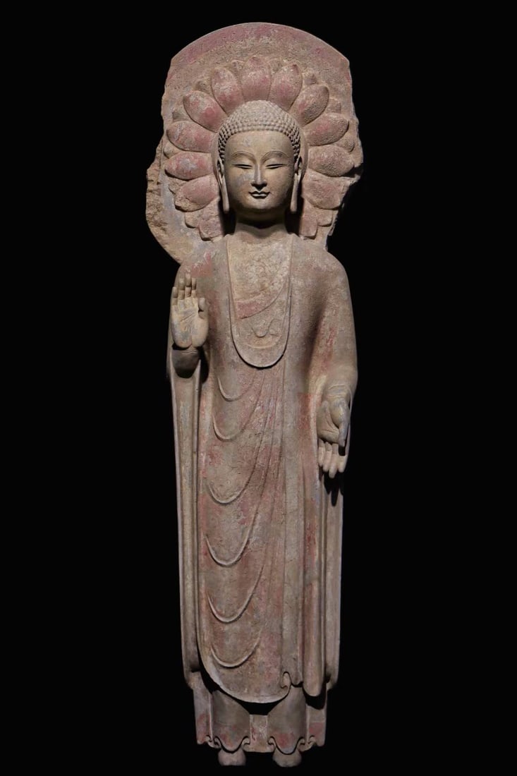 An Exquisite Limestone Painted Color Buddha Statue: An Exquisite Limestone Painted Color Buddha Statue N.Qi , China Size:95cm (The Dimensions Of All Batches Are Manually Measured.If You Need More Detailed Information, Please Contact Our Customer