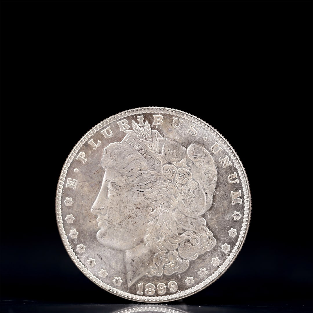 USA Morgan Dollar 1899 Coin: Obv: profile bust with date below and E PLURIBUS UNUM legend and stars around. Rev: eagle with In God we trust above within wreath with UNITED STATES OF AMERICA ONE DOLLAR legend. IN GOD WE TRUST /