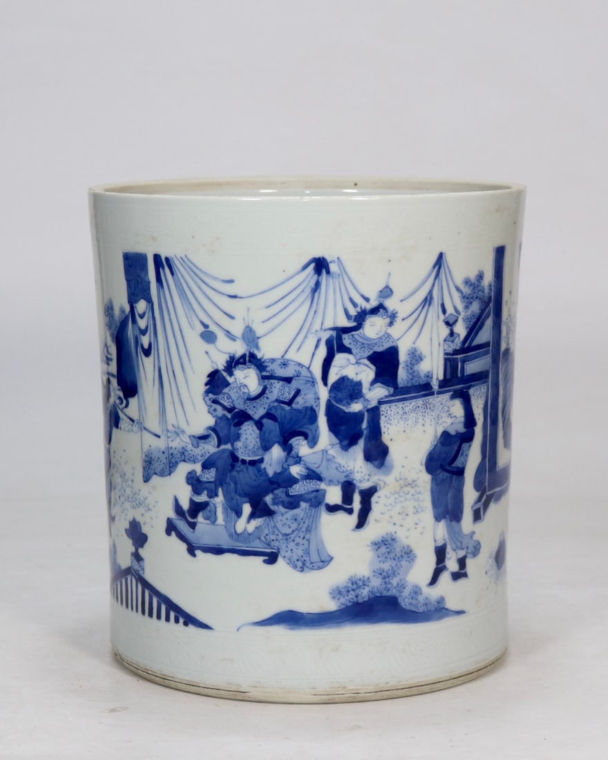 An Exquisite Blue and White Character and Story Pattern Brush Pot: An Exquisite Blue and White Character and Story Pattern Brush Pot Ming Dynasty, China Size:21.5cmx19.6cm (The Dimensions Of All Batches Are Manually Measured.If You Need More Detailed Information, Ple