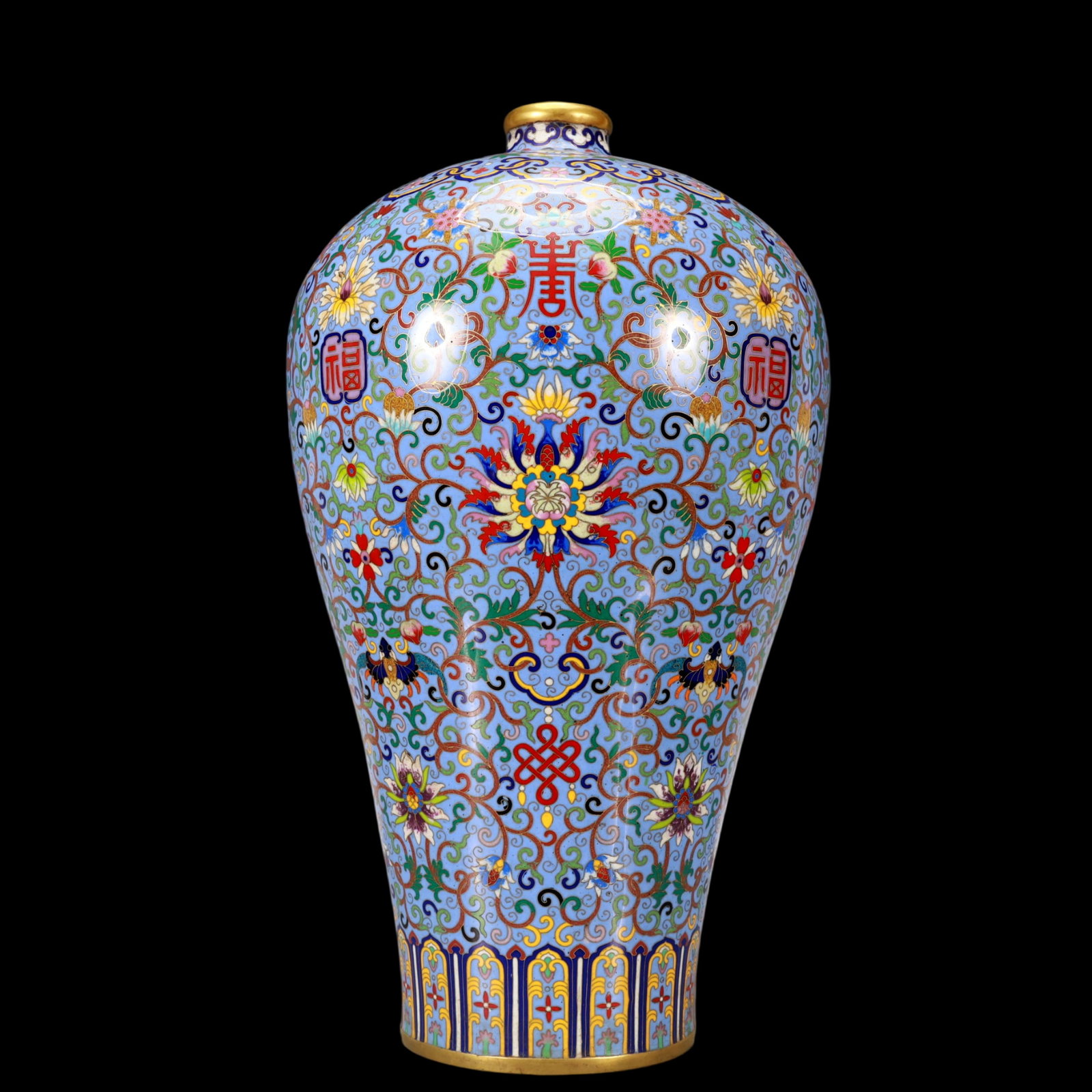 A Exquisite Cloisonne Gilt Bronze Lotus Pattern Bats and Peach Pattern Vase: A Exquisite Cloisonne Gilt Bronze Lotus Pattern Bats and Peach Pattern Vase Qing Dynasty, China Qianlong Four-character Mark Size:24cmx24cmx44cm Weight:7450g (The Dimensions Of All Batches Are