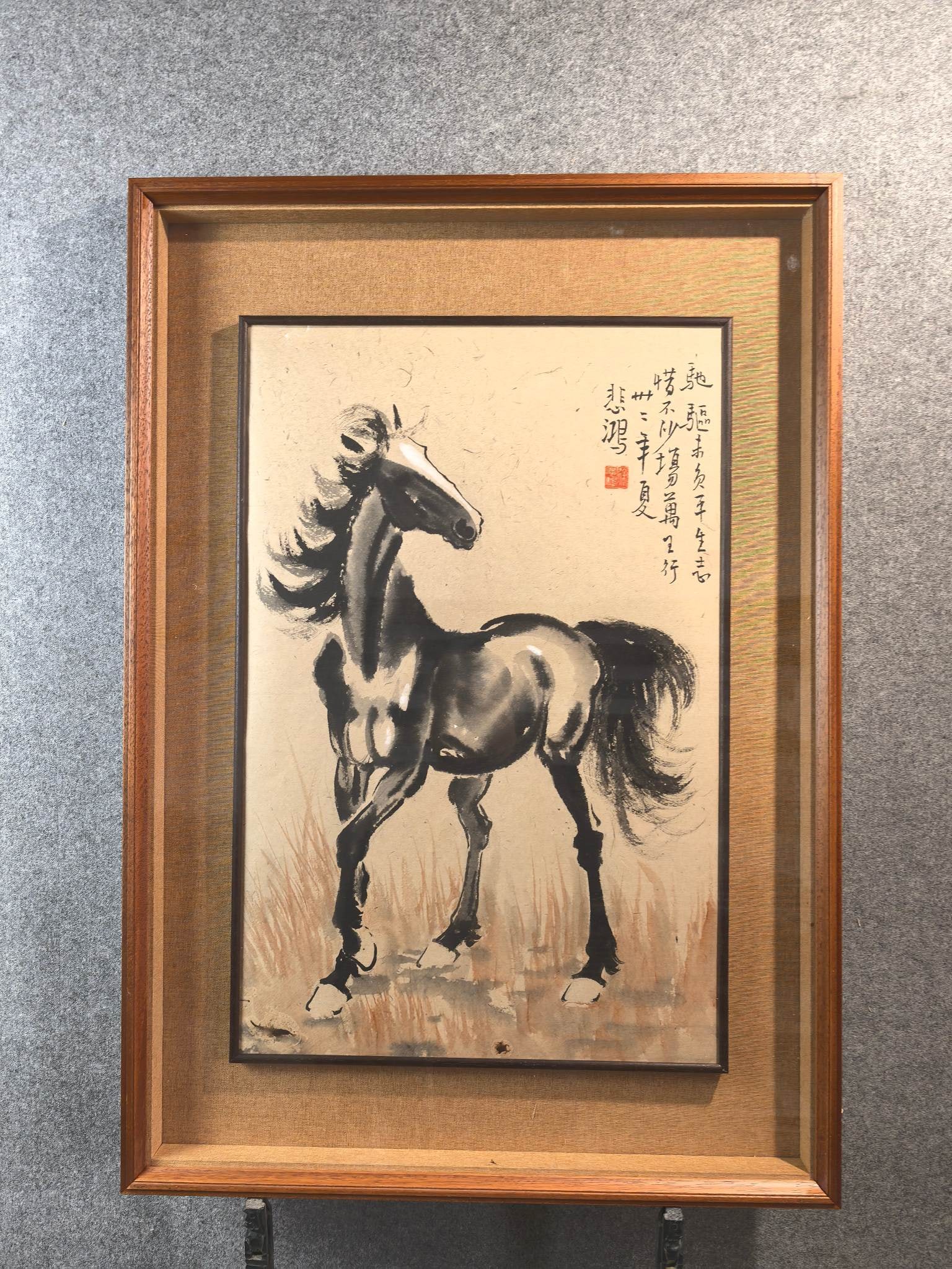 A Chinese Ink Painting of Horse on Paper With Frame: A Chinese Ink Painting of Horse on Paper With Frame Xu beihong Without frame Size:44cmx67cm (The Dimensions Of All Batches Are Manually Measured.If You Need More Detailed Information, Please Contact O
