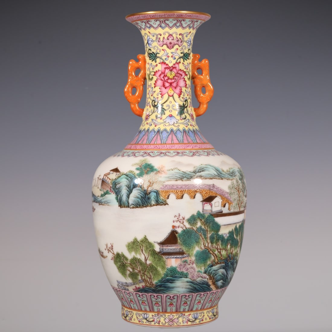 An Exquisite Famille-Rose Lotus Pattern Landscape Pattern Double-Ears Vase: An Exquisite Famille-Rose Lotus Pattern Landscape Pattern Double-Ears Vase Qing Dynasty, China Qianlong Six-character Mark Size:29cmx15cm (The Dimensions Of All Batches Are Manually Measured.If You
